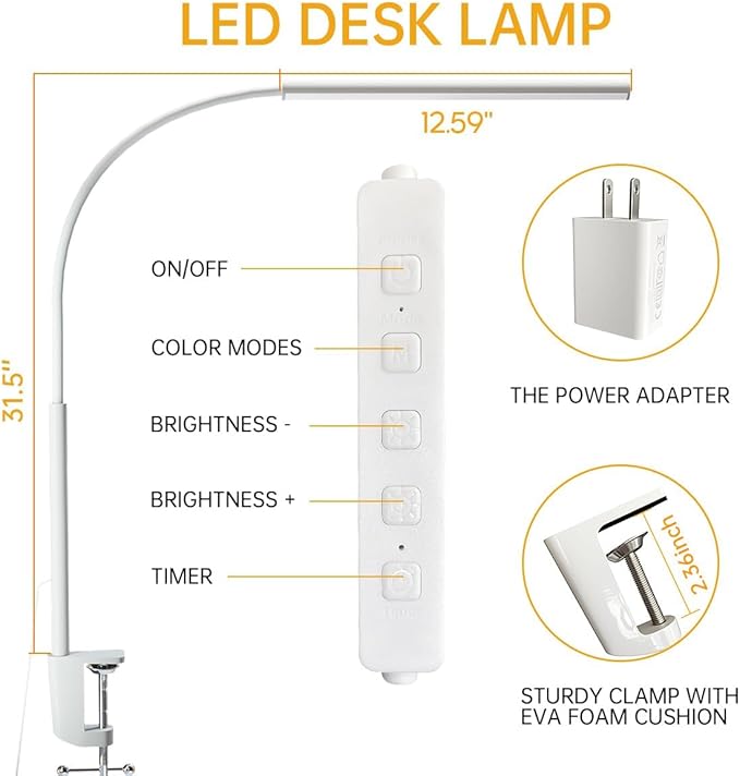 LED Desk Lamp with Clamp, Eye-Protection Clip on Desk Lamp, 5 Modes 10 Brightness Adjustment, 360°Flexible Gooseneck Lamp for Home Office, Lamps with USB Adapter，White