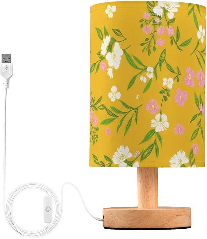 Yellow Floral LED Table Lamp, Bedside Lamp with Linen Lampshade, Flicker-Free Eye Care USB Plug in Nightstand Lamp, for Bedroom and Office