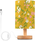 Yellow Floral LED Table Lamp, Bedside Lamp with Linen Lampshade, Flicker-Free Eye Care USB Plug in Nightstand Lamp, for Bedroom and Office