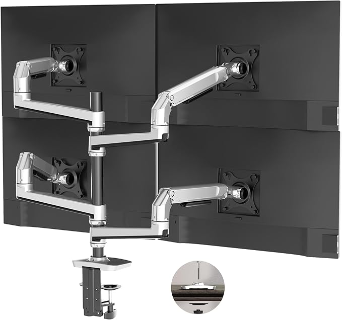 Heavy Duty Quad Monitor Mount Desk Stand, Mechanical Spring 4 Monitor Arm Fits Four 13-40 Inch Screens up to 25 lbs Each, Fully Motion VESA Mount Base (C-Clamp/Grommet), Premium Aluminum, Silver