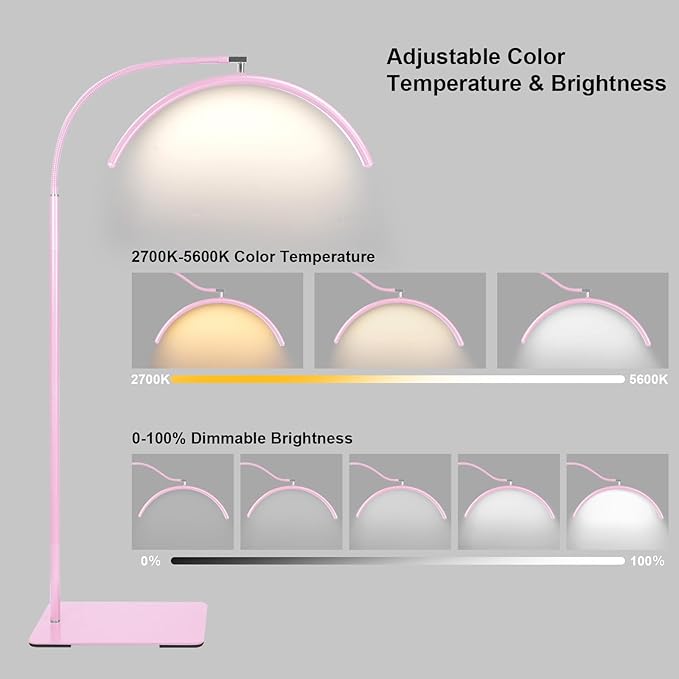 Half Moon LED Floor Light - Professional Shadow-Free, Dimmable Lamp | for Lash Techs, Estheticians & Tattoo Artists | Eyelash Extensions, Nail Art, Home & Office (Pink)