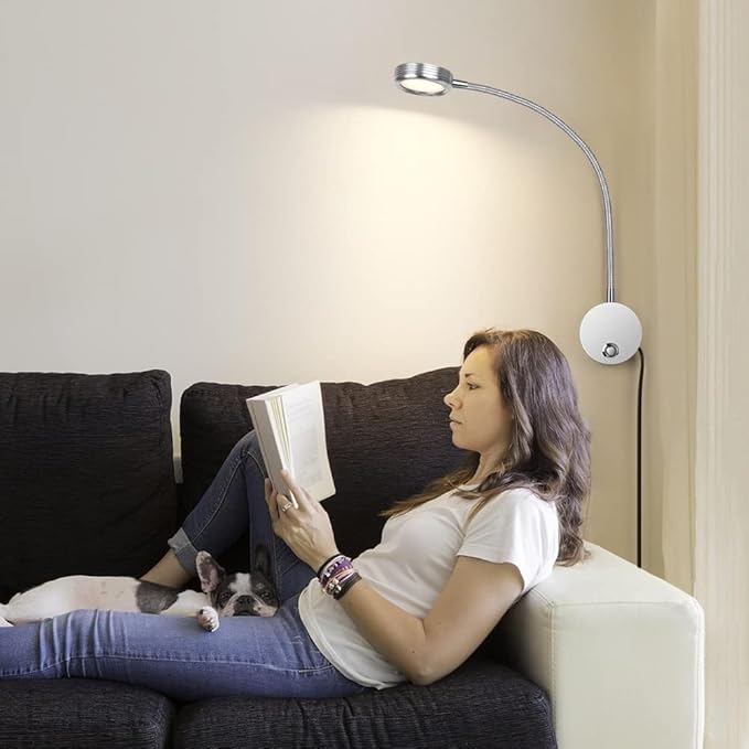 Plug in Dimmable LED Reading Lamp,Wall Mount Book Lights for Bed Headboard,Touch Control, Flexible Gooseneck Headboard,3 Color Modes,10 Brightness Leves, USB Output, Easy to Install Silver 1 Pack