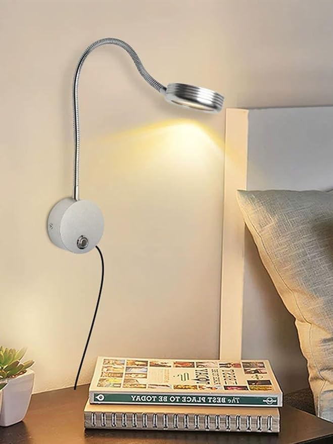 Plug in Dimmable LED Reading Lamp,Wall Mount Book Lights for Bed Headboard,Touch Control, Flexible Gooseneck Headboard,3 Color Modes,10 Brightness Leves, USB Output, Easy to Install Silver 1 Pack