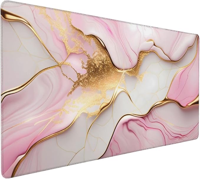 Gaming Mouse Pad,Large Mouse Pads for Desk,Non-Slip Rubber Base Extended Mousepad,XXL Keyboard Mouse Mat,Computer Keyboard Desk Pad with Stitched Edges,35.4x15.8inch,Pink Gold Marble