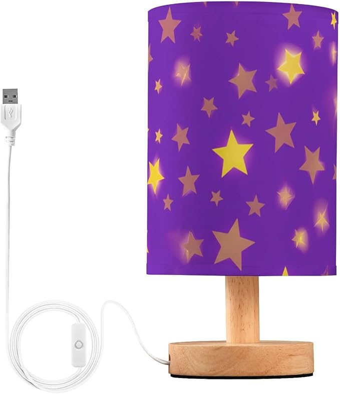 Purple Star LED Table Lamp, Bedside Lamp with Linen Lampshade, Flicker-Free Eye Care USB Plug in Nightstand Lamp, for Bedroom and Office