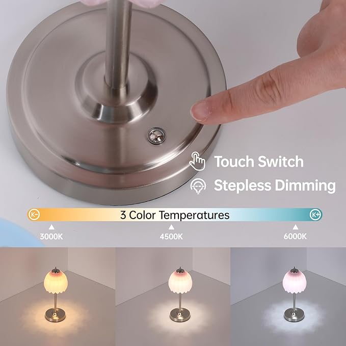 Rechargeable Table Lamp with 5200mAh Battery & Touch Control - 3 Adjustable Color Temperatures, Cordless Dimmable Table Light for Bedroom, Office Desk, Nightstand (Creamy Pink,Silver Base)