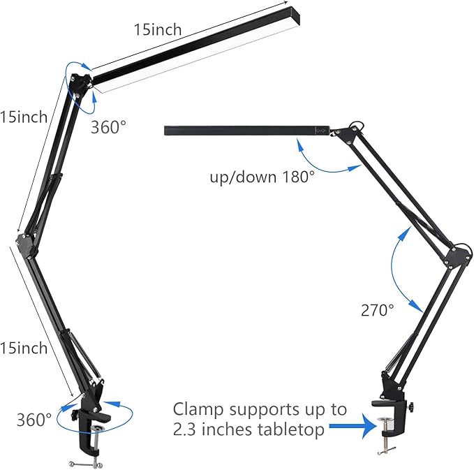 LED Architect Desk Lamp, Touch Control Metal Swing Arm Dimmable Task Lamp, Eye Care Table Lamp with Clamp (5 Color Modes, 10-Level Dimmer) Highly Adjustable Office, Craft, Workbench Light