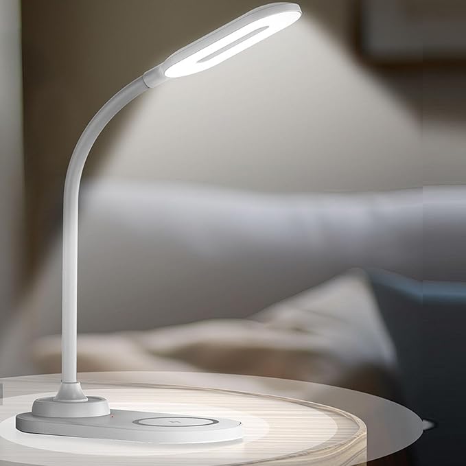 POCREATION Wireless Charging Desk Lamp LED Desk Light with USB Charging 15W Phone 5W Earphone 360 Adjustable Arm Eye Caring for Home Office Study (White)
