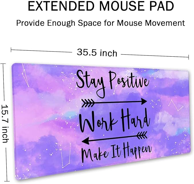 SSOIU Large Mouse Pad, Full Desk XXL Extended Gaming Mouse Pad 35.5" X 15.7", Stay Positive Work Hard and Make It Happen Inspirational Quotes Mousepad Art Pink Purple Starry Sky Black Quote Desk Mat