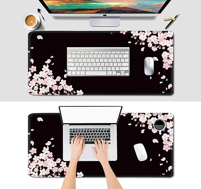 IMAYONDIA Ethereal Sakura Nightfall Desk Pad (35.4x15.7 in), Cherry Blossom Large Gaming Mouse Pad Mousepad, Serene Blossoms on Black Elegant Floral Art Desk Mats, Japanese Floral Computer Accessory