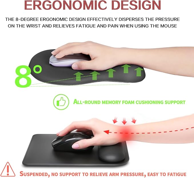 Ergonomic Wrist Rest with Mouse Pad, Mouse Pad with Comfortable Memory Foam Wrist Rest, Massage Design, Non-Slip Rubber Base, Made Easy Typing & Relieve Wrist Pain, Black