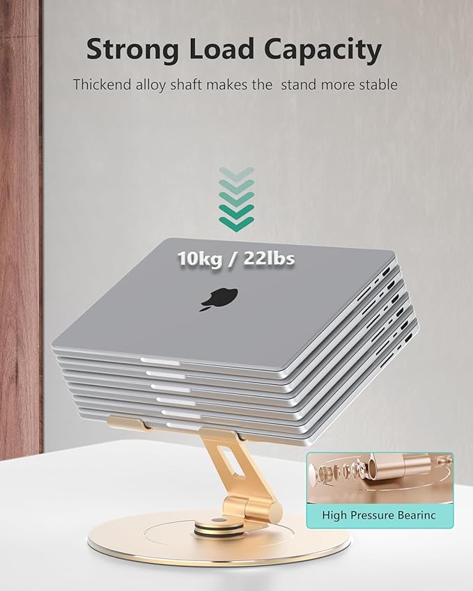Ultra-Stable Aluminumy Laptop Stand for Desk with Foldable Phone Holder, 300% Large Base Stability, Anti-Loosening, Lectern Stand Suitable for 10"-17.3" Laptops, Champagne Golden