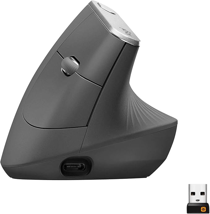 Logitech MX Vertical Wireless Mouse – Ergonomic Design Reduces Muscle Strain, Move Content Between 3 Windows and Apple Computers, Rechargeable, Graphite, Pack of 4
