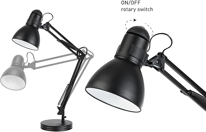Globe Electric 5698601 28" Heavy Base Top Moving Spring Balanced Swing Arm Desk Lamp, Black, On/Off Rotary Switch on Shade, Office Decor, Reading Light, Home Essentials, Room Lighting