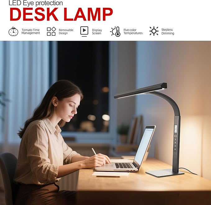 LED desk lamp for home office, architect computer work light,Touch color temperature stepless dimming and adjustable flexible gooseneck tube. desk lamp with clock , suitable for reading and studying.
