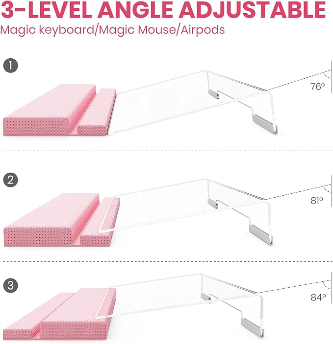 3 in 1 Keyboard Stand w/Wrist Rest and Storage Tray - Klearlook [Ultra Comfortable] PU Leather Wrist Pad & Acrylic Keyboard Riser, 16.9x7.3 inch Tilt Adjustable Computer Keyboard Stand Holder-Pink
