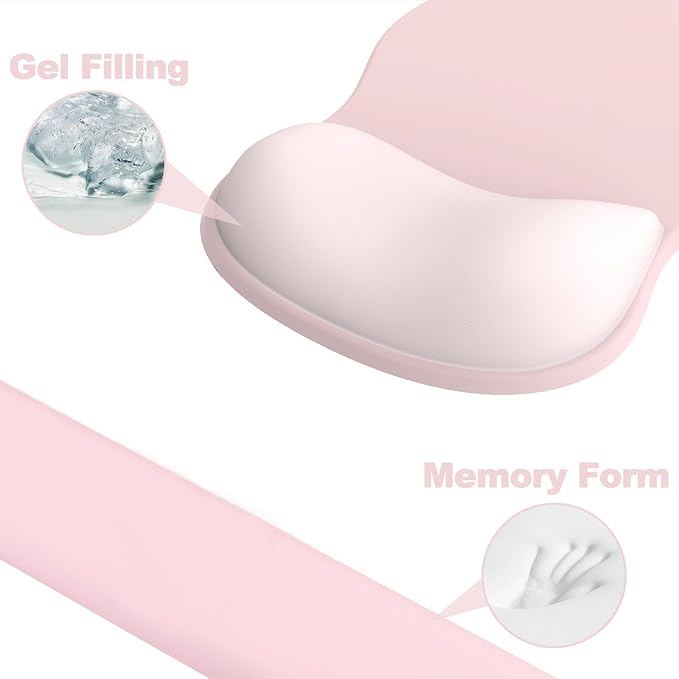 Ergonomic Mouse Pad with Wrist Rest and Keyboard Wrist Rest, Gel Mousepad and Wrist Rest for Computer Keyboard, Non-Slip PU Base, Pink Mouse Pad with Wrist Support for Gaming, Office