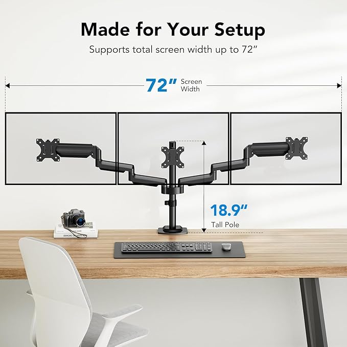 HUANUO Triple Monitor Mount for 13-27 inch Computer Screens, Gaming 3 Monitor Desk Mount with Arm Holds 19.8lbs, Triple Monitors Stand with Tilt, Swivel, Rotation, VESA 75x75, 100x100mm
