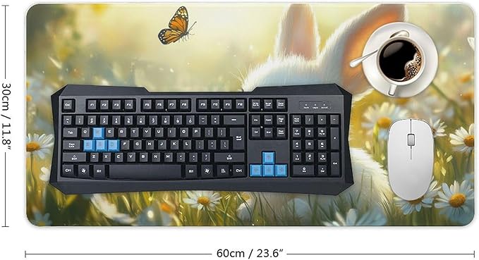 Large Ergonomic Gaming Mouse Pad Baby Bunny in Daisy Field - Sweet Rabbit Theme with Non-Slip Base Water-Resistant Surface and Stitched Edges 30x60cm