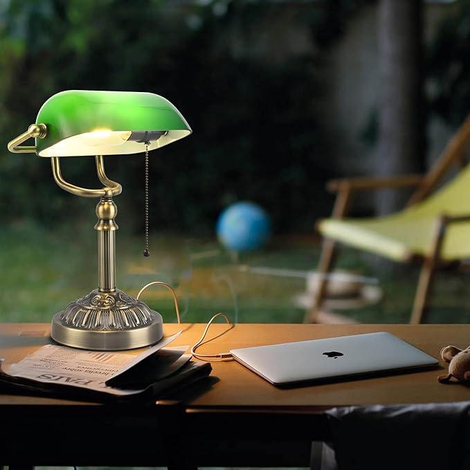 Green Glass Bankers Desk Lamp, Vintage Desks Lamp with USB Charging Port, Traditional Banker's Lamp, Mid Century Desk Lamp Pull Chain for Home Office Library