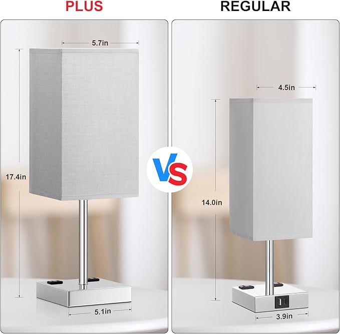 Touch Bedside Table Lamp For Nightstand - 3-Way Dimmable Night Lamp with USB A + Type C Charging Ports and two AC Outlets, Small Desk Light with E26 LED Bulb for Bedroom Living Room, GREY PLUS