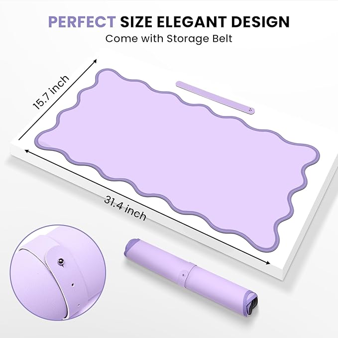 Leather Desk Mat, XXL Large 31.4x15.7in Scalloped Gaming Mouse pad，Non-Slip Rubber Base Keyboard Pad Mousepad for Laptop Computer Game Home Office，Waterproof and Oilproof Desktop Mat I Purple