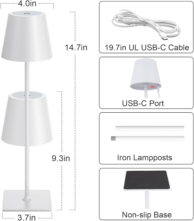 Kakanuo White Gold Cordless Rechargeable Table Lamp 5000mAh Battery Operated Lamps, 3 Colors Stepless Dimming Touch Lamp for Living Room, Kitchen Counter, Dining, Outdoor Patio, 2 Pack