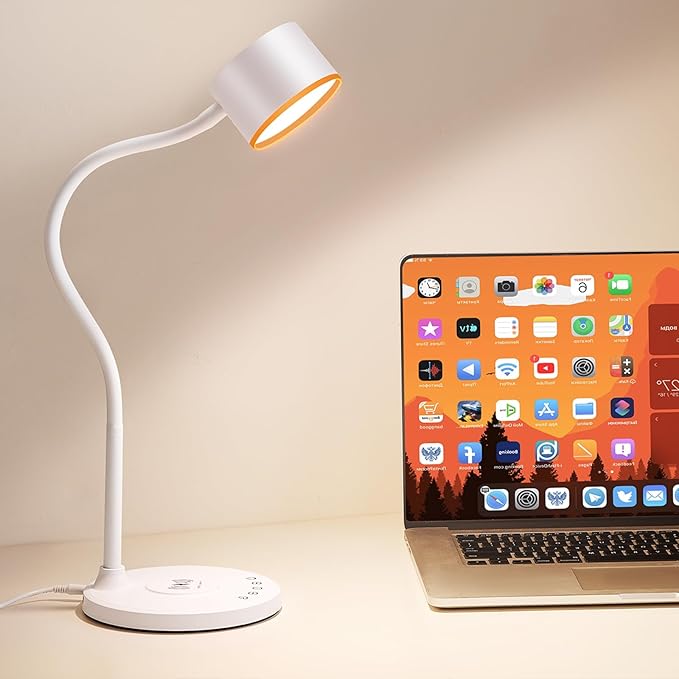 LED Desk Lamps for Home Office, Desk Lamp with USB C + A Dual Charging Ports, Wireless Charger, 5 Colors Dimming Reading Lamp Timer/Memory Touch Bedside Table Lamp for Bedroom College Dorm Room White