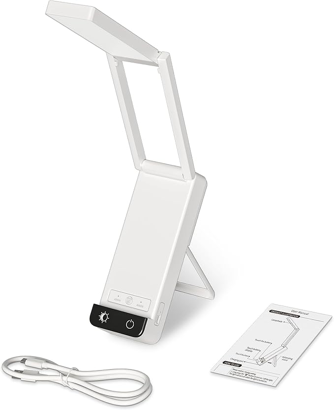 EZVALO Rechargeable Desk Lamp, 6000mAh Battery Wireless Light, Cordless Table Lamp for Book Reading, Foldable Mini Lamps & Portable, 3 Color Dimmable Small Light for Bed, Nail Light, Craft, White
