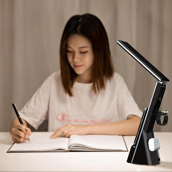 Wireless Charging LED Desk Lamp, Desk Lamp with Clock/Alarm Clock Office, Reading Light Book Light, Touch Dimming 3 Color Modes, Desk for Studying/University