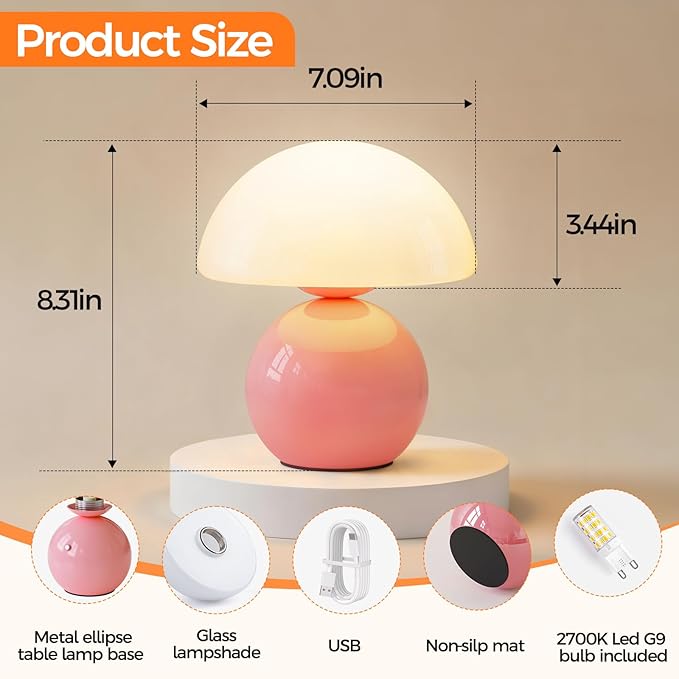 NIORSUN Mushroom Lamp Table Lamp for Bedroom, Portables Cordless Table Lamp,Wireless lamp,Small Bedside Table Touch Lamps for Living Room,Mini Mushroom 5200mAh Battery Operated Lamp Modern Pink