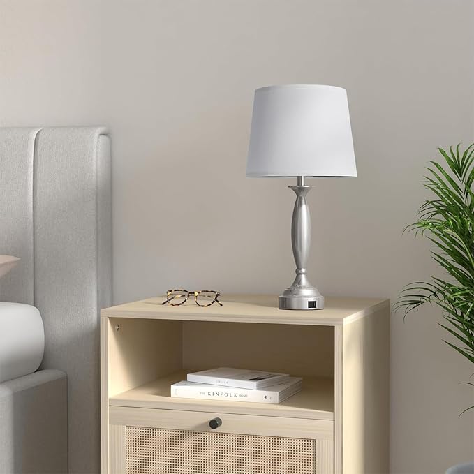 Seealle 25.5" White Lamps for Bedrooms Set of 2 - Touch Control Bedside Lamp with USB C+A, 3 Way Dimmable Nightstand Lamps with USB Port, Table Lamp for Living Room(White Shade and Nickel Base)