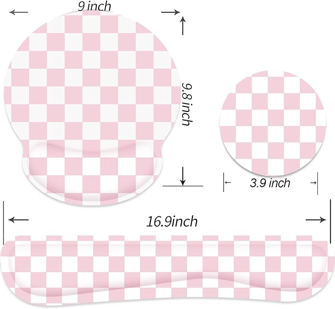 Ergonomic Mouse Pad with Wrist Rest and Keyboard Wrist Rest, Mousepad and Wrist Rest for Computer Keyboard, Non-Slip Base, Mouse Pad with Wrist Support for Gaming, Office, Pink Checkered