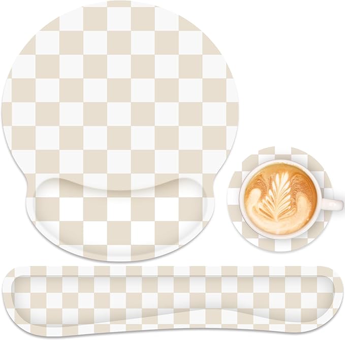 Ergonomic Mouse Pad with Wrist Rest and Keyboard Wrist Rest, Mousepad and Keyboard Pad, Non-Slip Rubber Base, Mouse Pad with Wrist Support for Gaming, Computer, Office, Beige Checkered