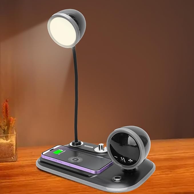 Dpofirs Black LED Desk Lamp with Wireless Charger | Dimmable White, Light, Eye Caring for Reading, 15W Fast Charging for iOS &, 360° Metal Gooseneck, Compact