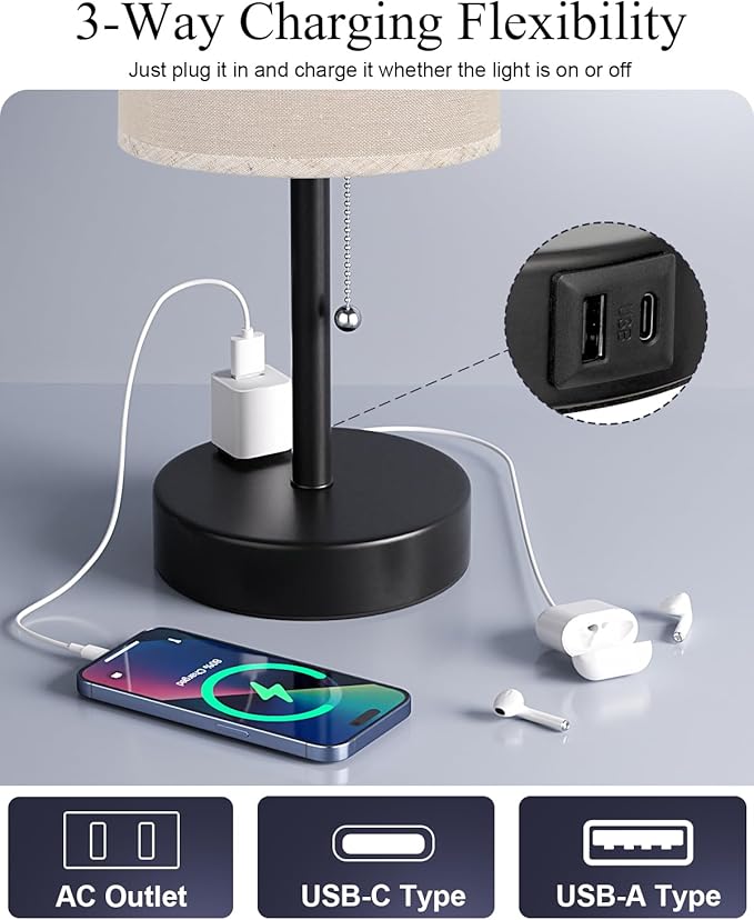 Fenmzee Plus Beige Bedside Table Lamps Set of 2-3 Color Temperatures Pull Chain Lamp with AC Outlet Charging Port, Two Round Night Stand Lamps for Bedroom Guest Room Office, Bed Side Light