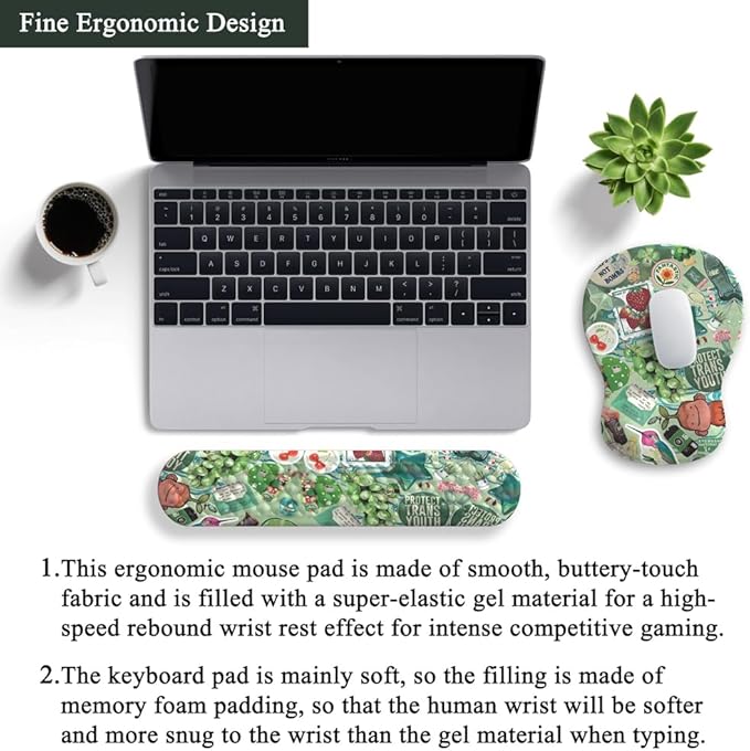 Mint Green Keyboard Wrist Rest Support Mouse Pad&Keyboard Set, Cute Green Ergonomic Mousepad Non-Slip Base Desk/Office Easy Typing Pad with Neoprene Cloth&Raised Curved Memory Foam