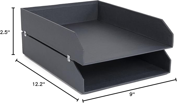 Bigso Hakan Letter Trays - Stackable Paper Tray Organizer with Stable Rubber Feet for A4 or Letter Size Documents - 9.1 in x 12.2 in x 2.4 in - Pack of 2 - Dark Grey