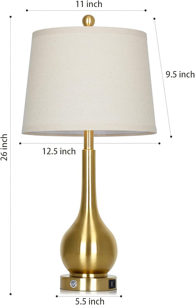 26" Gold Table Lamp for Living Room Single, Touch Control Bedside Lamp for Bedroom, 3-Way Dimmable End Table Lamp for Nightstand with USB Charging Port (1 Pack)