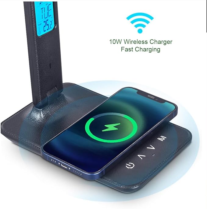 IHAO Multi-Functional Desk Lamp 10W Qi Wireless Charger 3 Color Modes 5 Brightness Levels Eye-Caring LED Light Faux Leather Finish Calendar Temperature Display Office Table Lamp TX26 Black