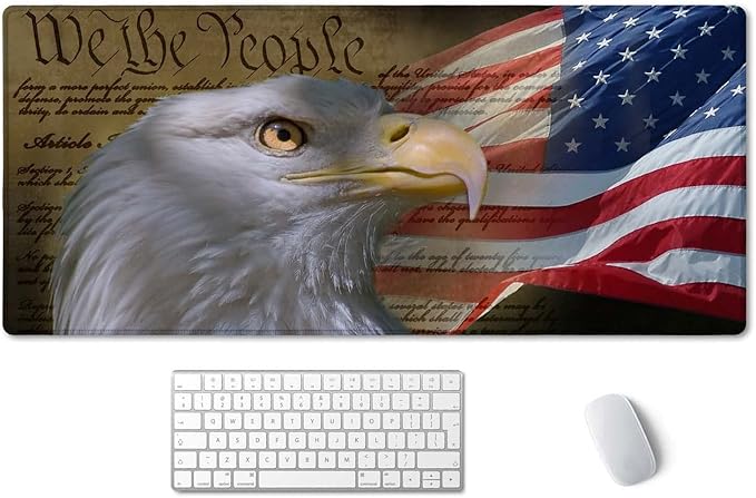 SSOIU Bald Eagle on American Flag Mouse Pad 35.5 X 15.7 Inch XXL Full Desk Mousepad Extended Large Non-Slip Rubber Base Waterproof Big Keyboard Mat with Stitched Edges for Gaming and Office