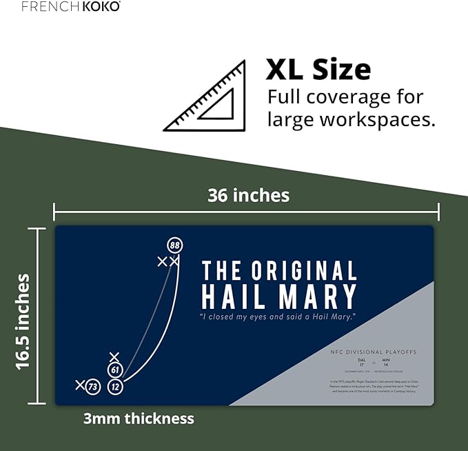 French KOKO Large Dallas Football Desk Mat for Desktop – XL Blue and Silver Desk Pad Mat Featuring The Hail Mary Play, Texas Sports Fan Gift, Man Cave Office Decor, Smooth Waterproof Desk Protector