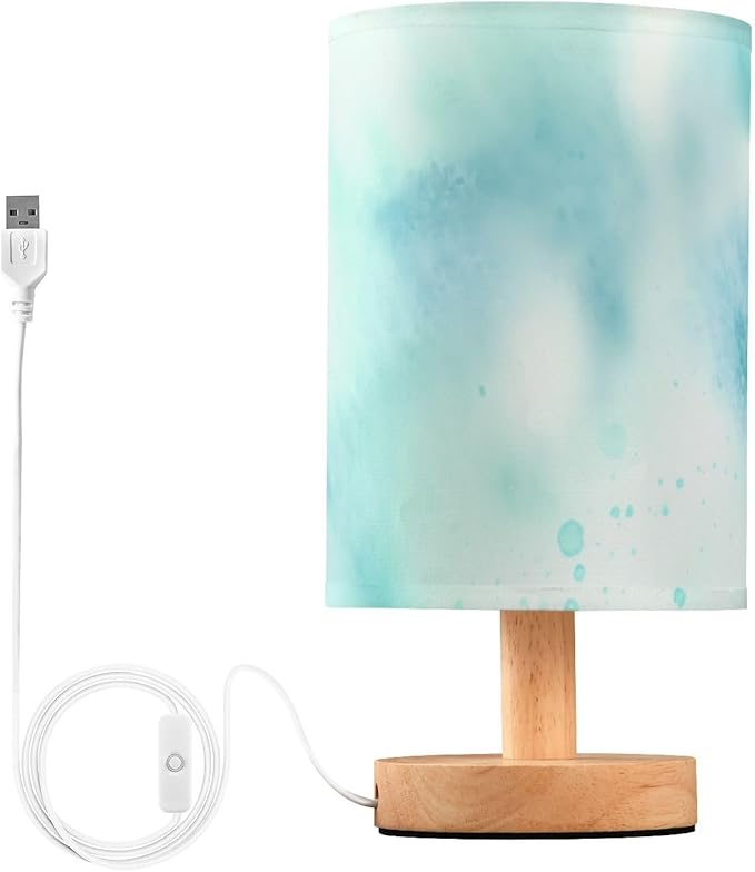 Blue LED Table Lamp, Bedside Lamp with Linen Lampshade, Flicker-Free Eye Care USB Plug in Nightstand Lamp, for Bedroom and Office