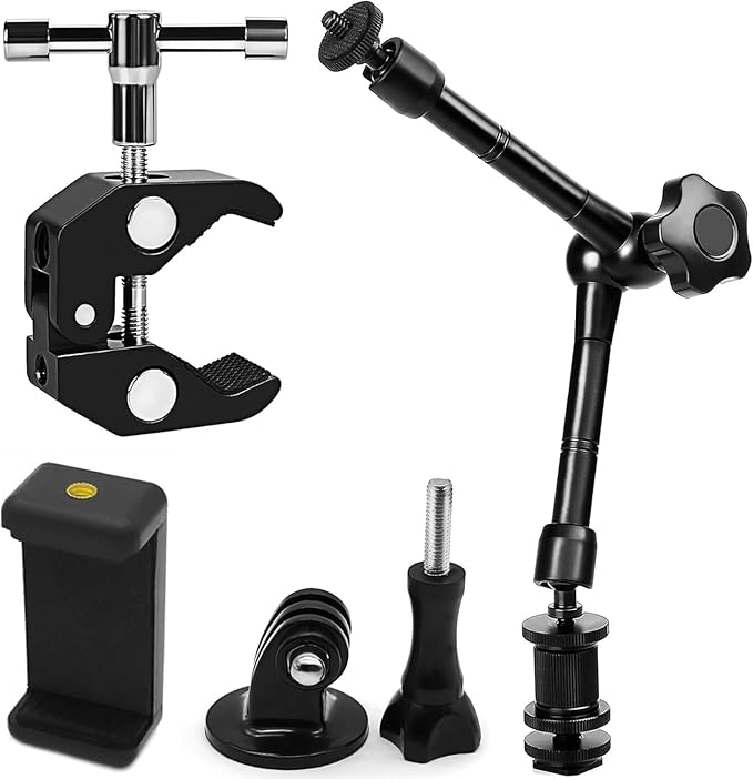 Magic arm Camera Mount ，articulating arm- 11 Inch Metal Adjustable Friction Articulated arm with Super Clamp/Phone Clip, for Various Action Camera/DSLR/LCD Monitor/LED Lights/Cell Phone