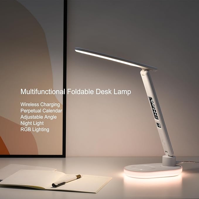 Multi Functional Table Lamp,Multifunctional Foldable Desk Lamp with Wireless Charging, Perpetual Calendar Display, Adjustable Angle, Night Light, and RGB Lighting,U20 White.