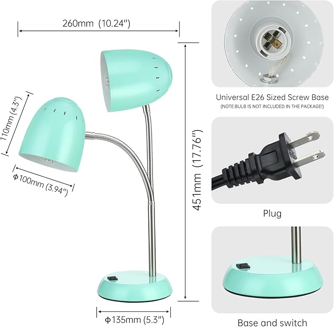 Eye-Caring Table Lamp of Simple Designs Home E26 Led Screw Basic Metal Desk Lamp with Flexible Gooseneck Hose Neck Study Lamp for Bedroom Office Living Room Convenient On/Off Switch(Green)