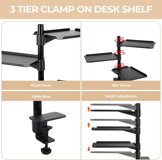 FAHKNS 3-Tier Clamp on Desk Shelf - Multifunctional Desk Clamp Shelf，Ergonomics Metal Desk Extension for Home/Office/Game Room，Tabletop Book Storage Rack，Desktop Thickness 0.4-2.2”