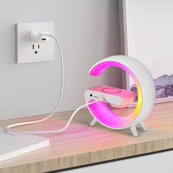 DEECOZY Mini Wireless Charger Atmosphere Lamp, Bluetooth Speaker LED Table Lamp, 10 Lights Mode Dimmable Night Light Bedside Lamp Alarm Clock with Music for Christmas Birthday Valentines Day Gifts