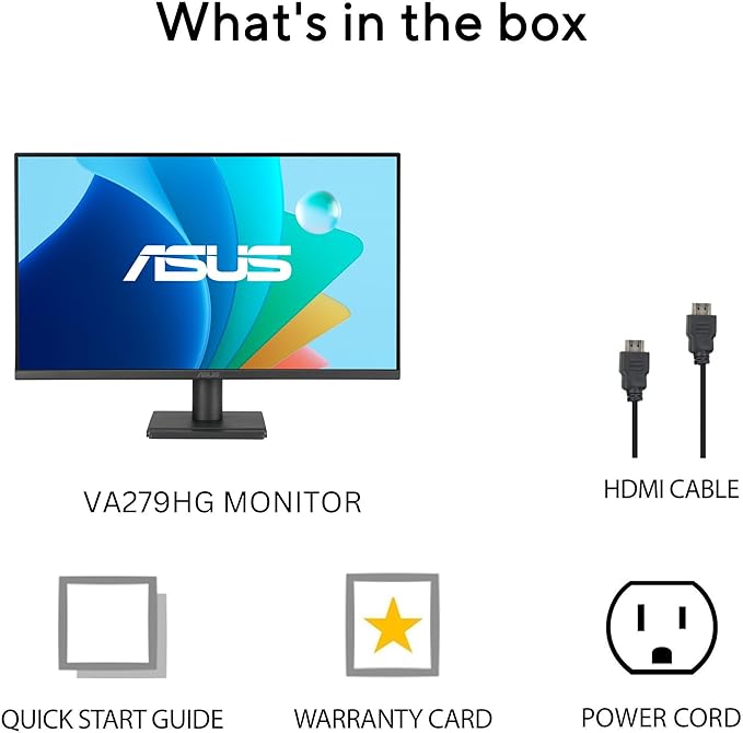 ASUS 27" 1080P Eye Care Monitor (VA279HG) - IPS, Full HD, 99% sRGB, Frameless, 120Hz, 1ms, Adaptive-Sync, HDMI, VGA, Low Blue Light, Flicker Free, Wall Mountable, 3 yr Warranty