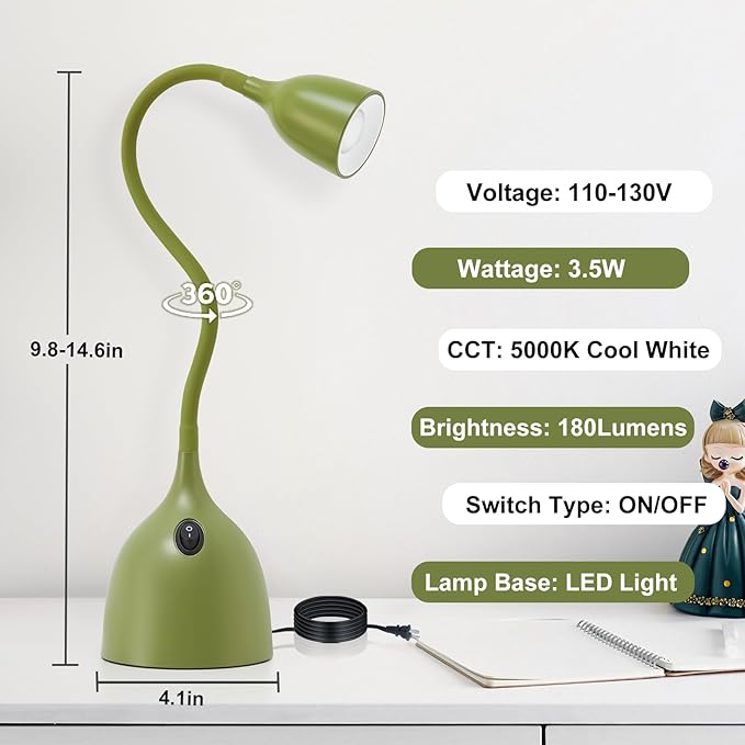 Gooseneck Desk Lamp 360° LED Flexible Reading Light Small Desk Lamps for Small Spaces Home Office Bedroom College Dorm Desk Bookshelf Nightstand Table Lamp (Green)